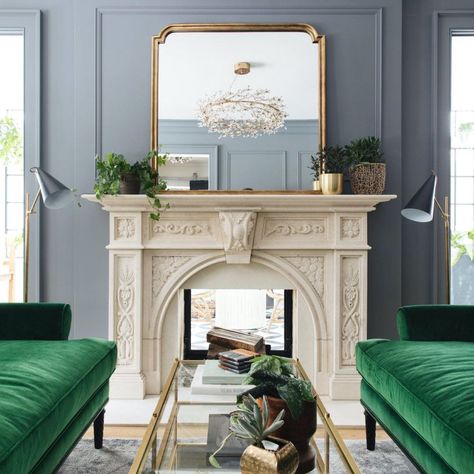 Two Incredible Mother-Daughter Interior Design Teams | Laurel Home Studio Mcgee Living Room Floor Lamps, Traditional Brick Home, Jean Stoffer Design, Jean Stoffer, Carved Fireplace, Green Grey Paint, Disc Interiors, Mid Century Floor Lamps, Off White Walls