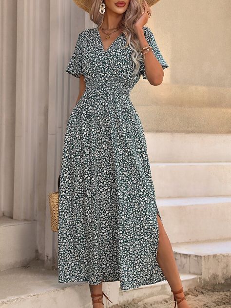 Modest Spring Dresses, Dark Green Boho, Split Thigh Dress, Butterfly Sleeve Dress, Spring Dresses Women, Ditsy Floral Print, Summer Chic, Spring Tops, Yellow Fashion