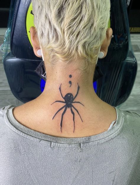 Back of the neck balck work spider done by @/inkaholik_kai on insta! #blackworktattoo #spiderTattoo #spider #necktattoos Spider Nape Tattoo, Spider Back Of Neck Tattoo, Back Of Neck Spider Tattoo, Spider Tattoo Men Neck, Spider Shoulder Tattoo, Spider Tattoo Neck, Spider Back Tattoo, Spider Tattoo Men, Spider Neck Tattoo