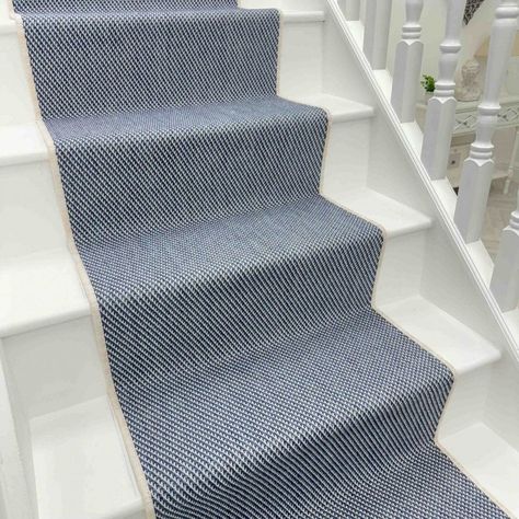 Coastal Blue Stair Runners | Runrug Beach House Stair Runner, Stair Rods Carpet Runner, Navy Stair Runner, Blue Stair Runner, Beach House Stairs, Best Carpet For Stairs, Stairway Carpet, Wool Stair Runner, Striped Stair Runner