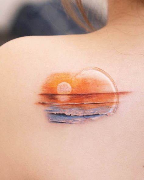 Sunset Ocean Tattoo, Beach Inspired Tattoos, Simple Wave Tattoo, Sunrise Tattoo, Tattoos Ideas For Women, Wave Tattoos, Beach Tattoos, Sunset Tattoo, Our Mindful Life