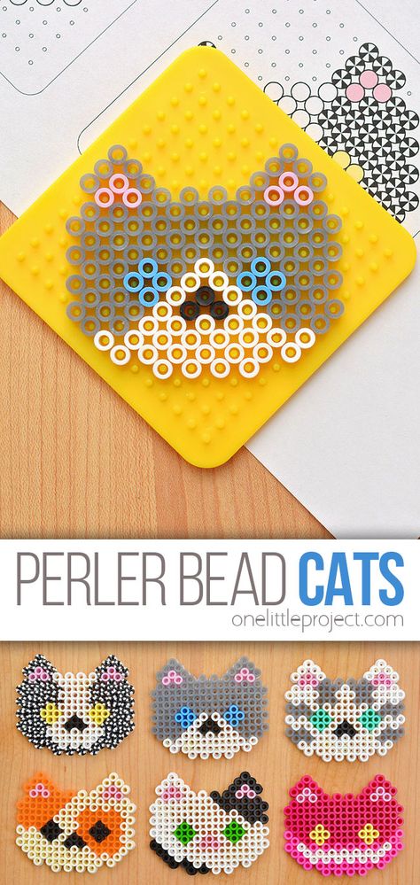 Photo of cats made with perler beads Perler Bead Magnet Patterns, Perler Bead Cat Pattern, Cat Perler Bead Patterns, Cat Perler Beads, Snowflake Making, Chat Kawaii, Easy Perler Bead Patterns, Purple Wall, Perler Bead Templates