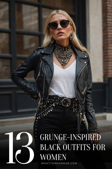 Find 13 unique black grunge outfit ideas that bring edgy vibes to women’s fashion. From ripped jeans to oversized hoodies, these styles add a cool, dark edge to any look. Perfect for those embracing grunge! #BlackOutfits #GrungeStyle #EdgyFashion Cute Rock Concert Outfits, Oversized Leather Jacket Outfits, Rock Concert Outfits, Black Grunge Outfit, Grunge Outfit Ideas, Black Maxi Skirt Outfit, Black Outfits For Women, Slip Dress Layering, All Black Outfits For Women