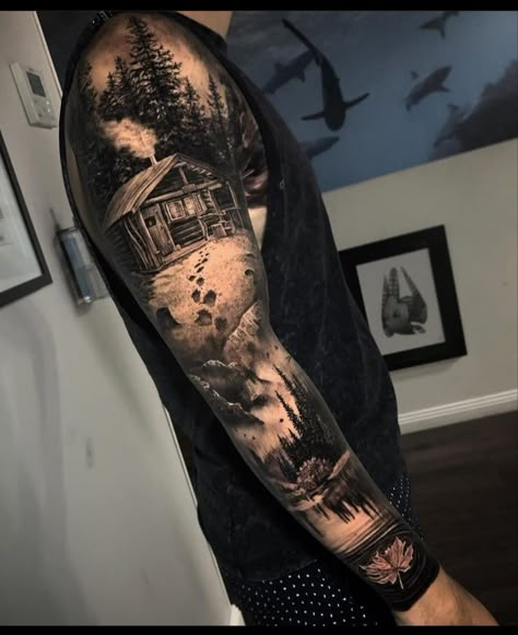 Mountain Sleeve Tattoo, Cabin Tattoo, Family Sleeve Tattoo, Natur Tattoo Arm, Shepherd Tattoo, Outdoor Tattoo, Camping Tattoo, Animal Sleeve Tattoo, Nature Tattoo Sleeve