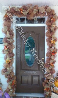 Simple fall deco mesh door garland FrazzledSlacker.wordpress.com How To Make Fall Garland, Fall Mesh Garland, Fall Deco Mesh Garland, Fall Garland Diy, All The Leaves Are Brown, Diy Fall Garland, Mesh Projects, Fall Garlands, Mesh Garland