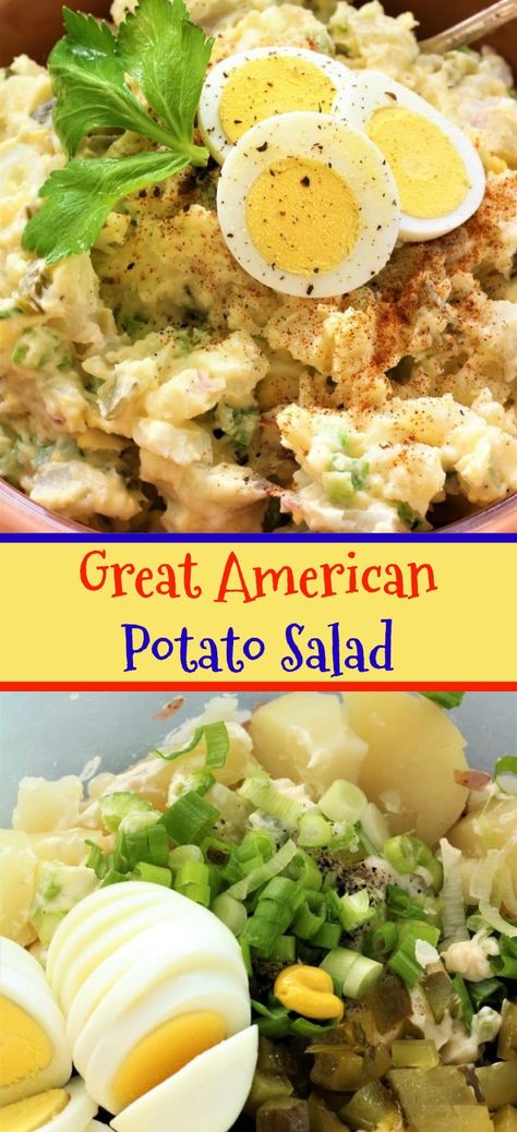 Great American Potato Salad is a fantastic salad to go with your barbecue. This reminds me of growing up and having get togethers with family and good friends.  This great american potato salad recipe combines hard boiled eggs, potatoes, chopped onions, diced  celery, and chopped pickles with Miracle Whip salad dressing, mustard, celery seed, salt and pepper to make the most delicious potato salad ever. Use red or gold potatoes. If you don't have celery seed, you can just leave it out.  I Easy Potato Salad Recipe, Delicious Potato Salad, American Potato Salad, Eggs Potatoes, Southern Style Potato Salad, Best Potato Salad Recipe, Southern Potato Salad, Red Potato Salad, Potato Salad Recipe Easy