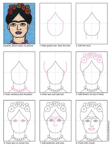 A few key features will help you learn how to draw Frida Kahlo like a pro. She was a Mexican self-portrait artist and feminist icon who was married to Diego Rivera. Draw her hair up, with flowers and classic heavy eyebrows, and there’s not much mistaking whose portrait you are drawing. • View and download Frida … Read More فريدا كاهلو, Frida Kahlo Drawing, Self Portrait Artists, Drawing Men, Frida Kahlo Paintings, Kahlo Paintings, Frida Art, Simple Portrait, Frida Kahlo Art