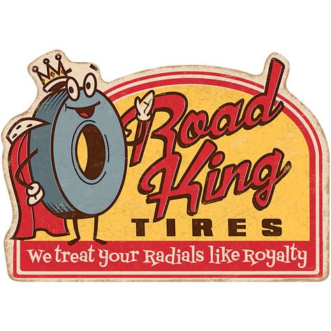 Accent the wall of your garage or office with a vintage decal that's fast and easy to apply! This Road King Tires Wall Sticker features the sign graphics from a classic auto service shop on a peel and stick decal that can be removed whenever you want to change up your decor. A great alternative to metal signs that requires no nails! Design Copyright 2012 Open Road Brands. All rights reserved. Premium Opaque Polyester Fabric with Matte Finish Sticks to Most Smooth Surfaces; See Media Details for Deli Restaurant, On Air Sign, Garage Logo, Auto Shop, Retro Graphic Design, Wooden Garage, Vintage Tin Signs, Old Signs, Car Repair