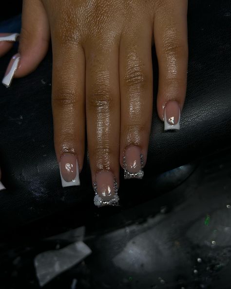 White French with bling - - - - - - - - - - - - - - - #nails #nailsnailsnails #explorepage #explore #brocktonnailtech White French Tip Nails Black Women, French Tip Nails Black Women, French Tip Nails Black, Nails Black Women, White French Tip Nails, White French Tip, Tip Nails, Nails Black, White French