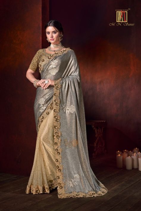 Golden Color Saree, Engagement Sarees, Shimmer Saree, Saree Party Wear, Net Skirt, Grey Saree, Lehenga Style, Indian Sarees Online, Net Saree