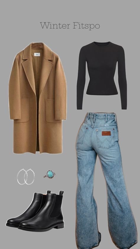 Winter Fall Autumn Outfit Inspo 2024 2025 Kinda Western Clothes Classy Dressy Cute Turquoise Silver Boots Coat Wrangler Jeans Basic Autumn Outfit Inspo, Western Clothes, Silver Boots, Wrangler Jeans, Autumn Outfit, Winter 2024, Western Outfits, Fall Autumn, Fall Winter