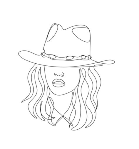 Cowgirl Head Tattoo, Western Outline, Outline Art Simple Line Drawings, Western Outline Drawings, One Line Cowboy Hat Tattoo, Cowgirl Simple Tattoo, Cowgirl Outline Tattoo, Cowgirl Face Tattoo, Cowgirl Outline Drawing