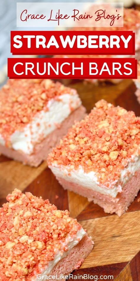 Strawberry Crunch Cheesecake Bars, Strawberry Crunch Bars, Crunch Bars Recipe, Strawberry Crunch Cheesecake, Crunch Cheesecake, Strawberry Crunch Cake, Strawberry Crunch, Crunch Bars, Strawberry Cake Mix