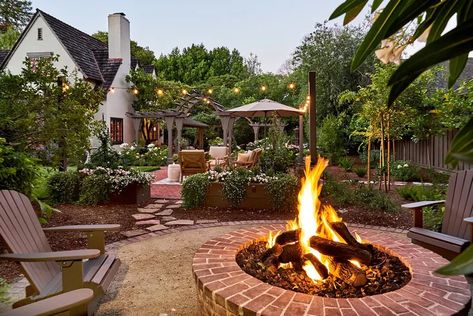 Backyard Oasis Fire Pit, Tudor Home Backyard, Yard For Entertaining, Tudor Backyard Patio, Modern Cottage Backyard, Backyard Zones Outdoor Living, Tudor Backyard, Backyard Zones, Backyard Garden Wall