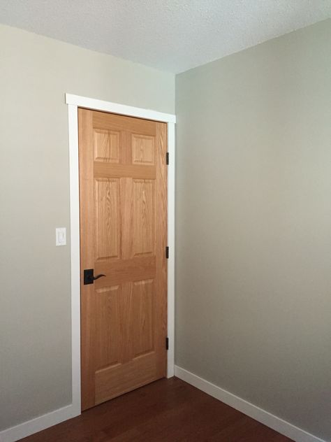 Oak door with white trim White Trim With Wood Doors Grey Walls, Indoor Door Trim Ideas, White Trim Oak Doors, Staining Trim, Wood Doors White Trim, White Window Trim, Painting Wood Trim, White Baseboards, Paint Trim