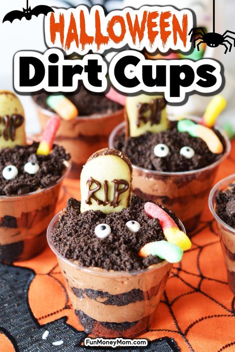 Halloween Chocolate Pudding Cups, Dirt Pudding Recipe Halloween, Halloween Dirt Cups Recipe, Chocolate Dirt Cups, Chocolate Pudding Dirt Cake, Dirt And Worms Dessert Halloween, Hocus Locus Deserts, Halloween Dirt Pudding Cups, Halloween Mud Cups