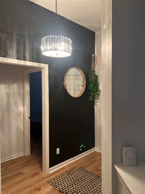 Black Entryway Wall, Accent Wall Boho, Boho Accent Wall, Shiplap Entryway, Black Shiplap, Black Entryway, Dark Accent Walls, White Door, Foyer Decor