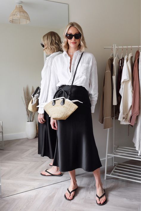 Black Midi Skirt And Shirt Outfit, Satin And Linen Outfit, Black Wrap Skirt Outfit Summer, Summer Black Satin Skirt Outfit, White Shirt Outfit With Skirt, Black Bag Outfit Summer, Linen Shirt And Skirt Outfit, Black Linen Midi Skirt Outfit, Satin Skirt And Shirt Outfit