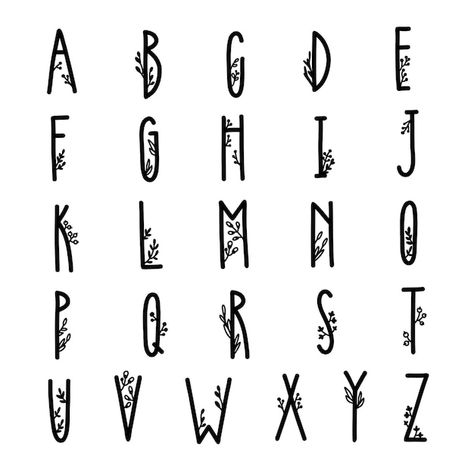 Alphabet hand drawn letters doodle style... | Premium Vector #Freepik #vector #lettering-alphabet #doodle-font #alphabet #typography-alphabet Plant Font Alphabet, Forest Fonts Alphabet, Bujo Alphabet, Hand Lettering Alphabet Fonts Creative, Plant Lettering, Nature Fonts, Plant Alphabet, Plant Letters, Full Alphabet Fonts