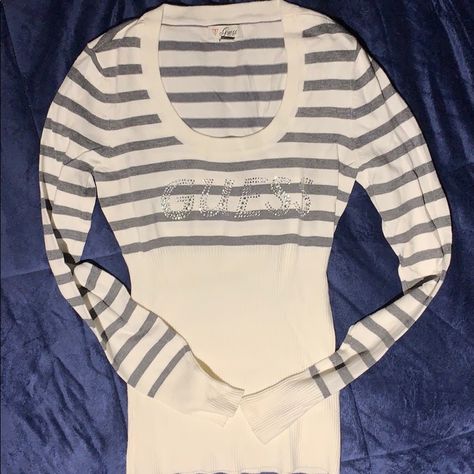 Guess Sweater, Grey And White Striped, Never Worn Scene Clothes, Poshmark Clothes, Guess Clothing, Guess Sweater, Girly Clothes, Scene Outfits, 2000s Style, Sublimation Ideas, Glam Photoshoot