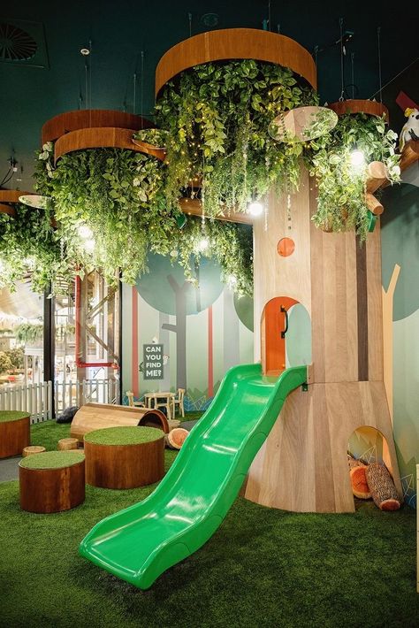 Kids Daycare Design, Toddler Play Rooms, Kids Indoor Playground Business, Commercial Indoor Playground Design, Themed Playroom Ideas, Play Cafe Design, Play School Interiors, Play Cafe For Kids, Kids Cafe Ideas