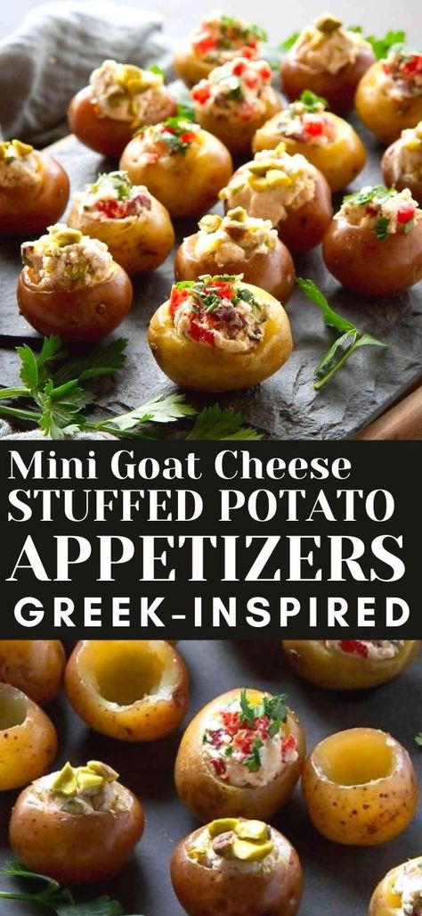 These Greek-inspired Mini Goat Cheese Stuffed Potato Appetizers have 2 amazing options - sweet and savory. Great for entertaining! 79 calories and 3 Weight Watchers SP | For Party | Finger Food | Make ahead | Vegetarian | Stuffed Potatoes #stuffedpotatoes #potatoappetizers #fingerfood #appetizerrecipes #CreamerPotatoes #weightwatchers Stuffed Appetizers, Finger Foods Easy Party, Stuffed Potato, Potato Appetizers, Stuffed Potatoes, Fancy Appetizers, Mini Appetizers, Fingerfood Party, Finger Foods Easy