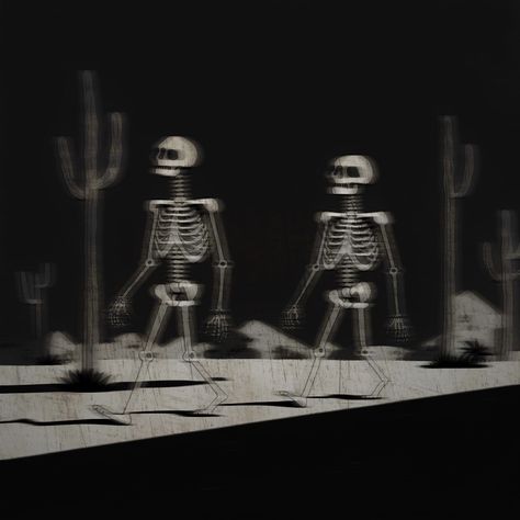 two skeletons walking Skeleton Running, Two Skeletons, Indie Art, Skeleton, Walking, Road, Collage, Quick Saves, Art