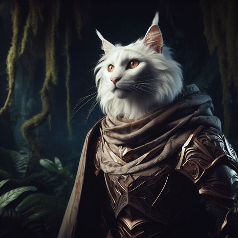 A concept image for a character; a Tabaxi from Dungeons & Dragons standing in a scene of lush greenery. Tabaxi Druid, Snow Leopard Tabaxi Female, Dnd Tabaxi Female Wizard, Dnd Tabaxi Ranger, Cat Druid Dnd, Hairless Tabaxi Dnd, Fantasy Images, Maine Coon, Skyrim