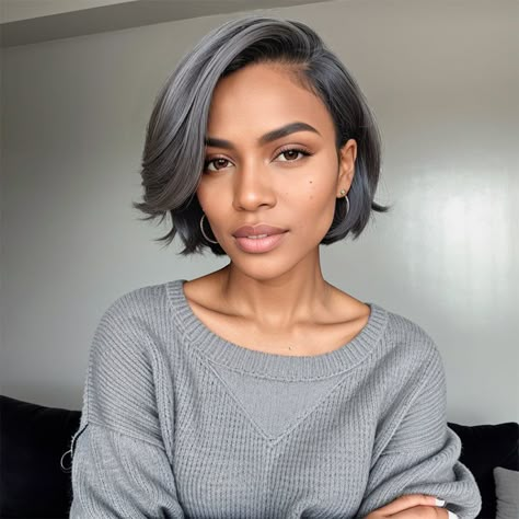 Black Women Hairstyles Shoulder Length, Black Natural Hair With Highlights, Short Hair On Round Face Black Women, Salt And Pepper Highlights Going Gray, Salt And Pepper Hair Sew In, Salt And Pepper Short Hairstyles, Nape Length Bob, Bob Styles For Thick Hair, Medium Length Haircut For Black Women