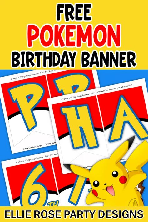 Free Pokemon Banner Printable | Ellierosepartydesigns.com Pokemon Banner Printable Free, Pokemon Birthday Sign Diy, Pokemon Font Free Download, Pokemon Birthday Sign, Pokemon Alphabet Free Printable, Pokemon Font Free, Pokemon Birthday Banner Free Printable, Pokemon Happy Birthday Banner, Pokemon Birthday Party Decorations Free Printables