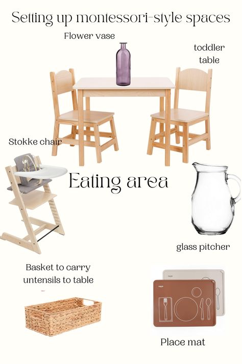 Setting up montessori style spaces. Montessori toddler eating area. Montessori parenting. Montessori stokke chair. Toddler table. Montessori starter guide. Montessori starter kit. My Montessori toddler. Montessori dinner table for toddlers. Montessori Mom, Montessori Table, Montessori Home, Toddler Montessori, Toddler Dinner, Montessori Parenting, Baby Table, Eating Table, Toddler Table