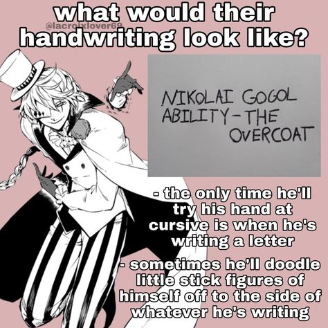 Bsd Characters Handwriting, Nikolai Headcanons, Fyolai Headcanons, Bsd Headcannons, Bsd Headcanons, Head Cannons, Nikolai Gogol, Bsd Memes, Piano Man