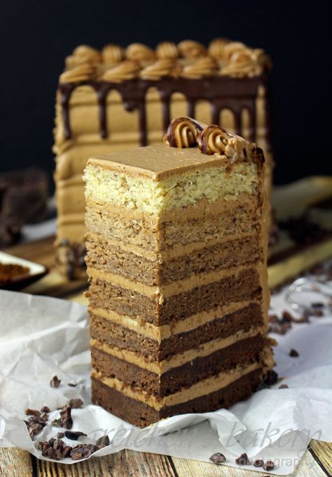 Mocha Cake Recipe - 7 Layer Ombre Cake - Gretchen's Vegan Bakery 7 Layer Cake, Mocha Cake Recipe, 7 Layer Cakes, Mocha Buttercream, Mocha Fudge, Style Layers, Strawberry Vanilla Cake, Vegan Buttercream, Green Tea Cake