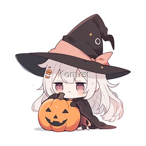 This melancholy sticker features a sad little witch with white hair in a large black hat with a pink ribbon. She is holding a jack-o-lantern pumpkin close with a mournful expression. Capture feelings of loneliness, isolation, and sensitivity with this empa Witch Hat Drawing Reference, Chibi Witch, Cute Halloween Drawings, Chibi Art, Chibi Anime Kawaii, Witch Cat, Halloween Drawings, Cat Pumpkin, Cute Anime Chibi