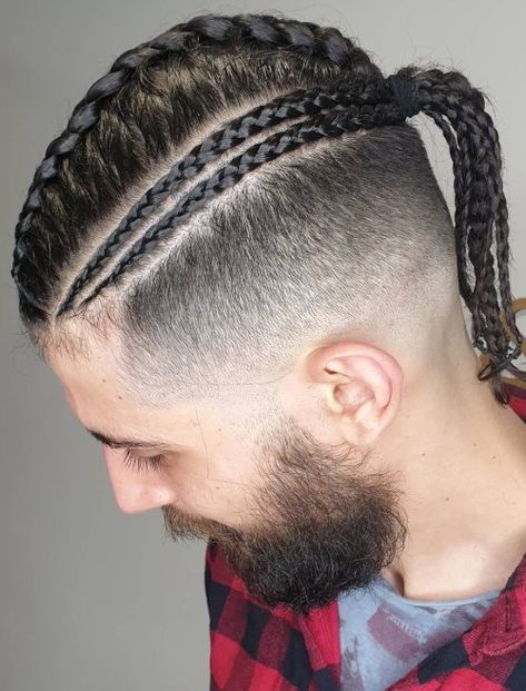 Braided Undercut Fauxhawk into a Ponytail Viking Hair Styles, Undercut Braids, Two Cornrow Braids, Undercut Ponytail, Undercut Braid, Box Braids Men, Black Men Style, S Braids, Braid Styles For Men