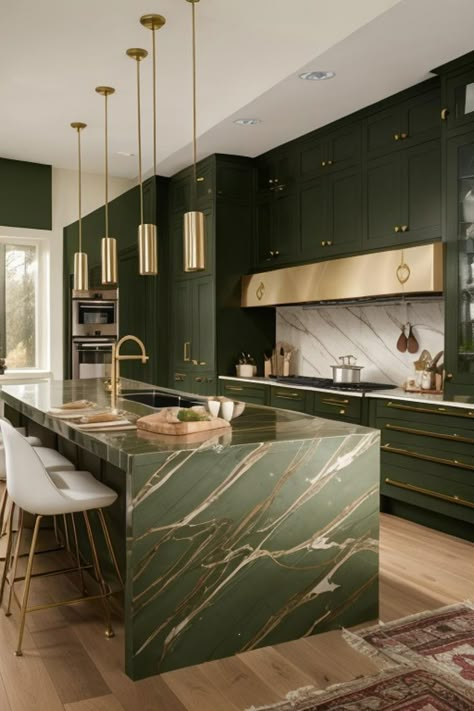 Kitchen Layout Plans With Island, Green And Gold Kitchen, Space Palette, Kitchen Earthy, Ideas Para Cocinas, Green Kitchen Designs, Marble Island, Kitchen Layout Plans, Green Charms