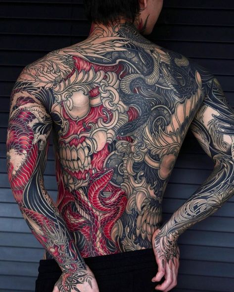 Yakuza Style Tattoo, Blitz Tattoo, Japanese Back Tattoo, Japanese Tattoos For Men, Oni Tattoo, Torso Tattoos, Yakuza Tattoo, Back Piece Tattoo, Full Back Tattoos