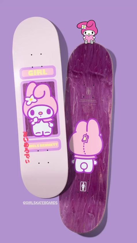 My Melody Skateboard, Pretty Skateboards, Skate Boards Design Ideas, Kuromi Skateboard, Kawaii Skateboard, Hello Kitty Skateboard, Cute Skateboards, Skateboard Ideas, Skateboard Designs