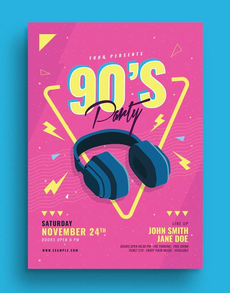 90'S Music Event Party Flyer Design Template PSD, AI 90s Party Poster, 90s Party Flyer, 90s Poster Design, Party Flyer Design, 90s Design, Concert Flyer, Music Flyer, 90s Theme, 90s Party