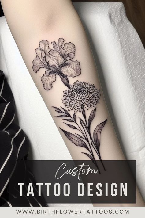 🌼✨Iris and Chrysanthemum Tattoo – February & November Birth Flowers in Doodle Style✨🌿 November Birth Flowers, November Birth Flower Tattoo, November Birth Flower, Iris Tattoo, Chrysanthemum Tattoo, Birth Flower Tattoos, Doodle Tattoo, Doodle Style, Custom Tattoo Design