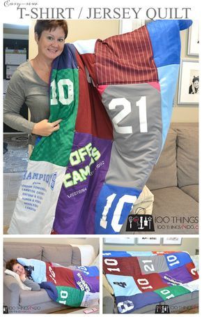 Easy t-shirt quilt, cheater t-shirt quilt, jersey blanket Diy Tshirt Blanket Easy, Jersey Quilt Diy How To Make, Tshirt Blanket Diy, Tshirt Quilt Tutorial, Tshirt Quilt Diy, Jersey Blanket, Tshirt Quilt Pattern, Shirt Blanket, Sewing Tshirt