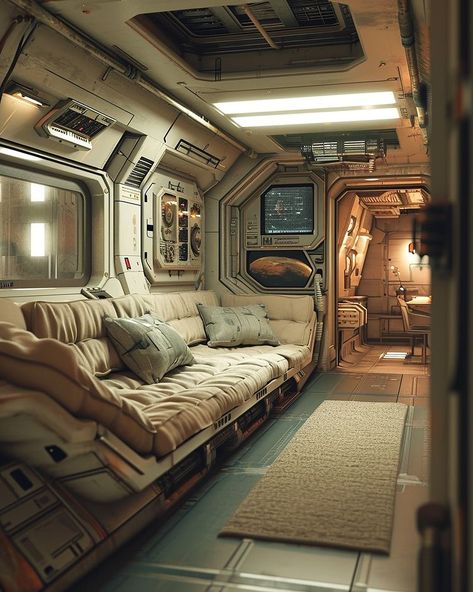 Sci Fi Room Design, Sci Fi Themed Room, Sci-fi Room, Spaceship Interior Bedrooms, Space Shuttle Interior, Sci Fi Spaceship Interior, Sci Fi Apartment, Cool Cabins, Sci Fi Rooms