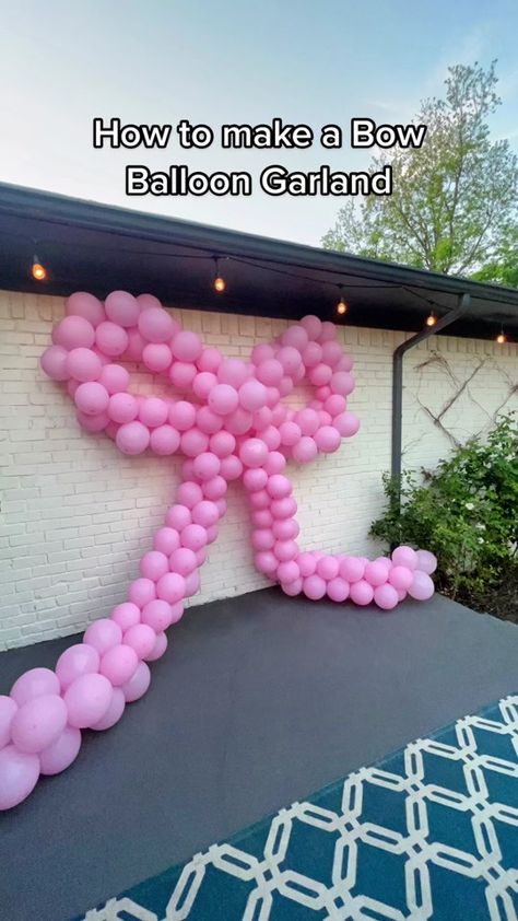 Full blog post on Simplysheppard.com Sharing how to make a balloon bow... | balloon garland | TikTok How To Make Bow Balloons, Balloon Bow Garland, Pink Bow Balloon Arch, Bow Graduation Party, Bow Balloon Garland, Bow Balloon Arch, Bow Birthday Party Ideas, Balloon Swag, Bow Backdrop