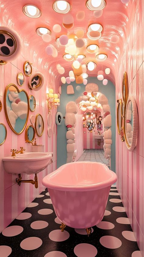 Whimsical bathroom decor inspired by Studio Ghibli, featuring candy heart bathtub, lollipop sink, and marshmallow light Studio Ghibli Bathroom Ideas, Black Checkered Floor, Studio Ghibli Bathroom, Heart Bathtub, Ghibli Bathroom, Checkered Floor Tiles, Giant Marshmallows, Oval Mirrors, Whimsical Bathroom