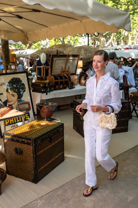 Talbots Summer, Stacie Flinner, Silk Scarf Tying, White Linen Trousers, Gingham Tablecloth, Market Day, French Outfit, White Linen Pants, All White Outfit