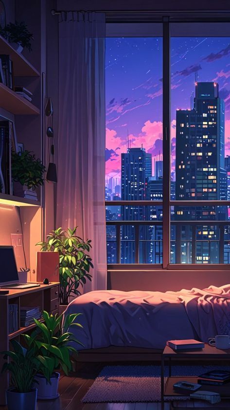 Bedrooms In Anime, Anime Bedroom Art, Anime Room Wallpaper, Lofi Artwork, Lofi Aesthetic Anime Wallpaper, Lofi Bedroom, Anime Living Room, Lo-fi Wallpaper, Anime Bedroom