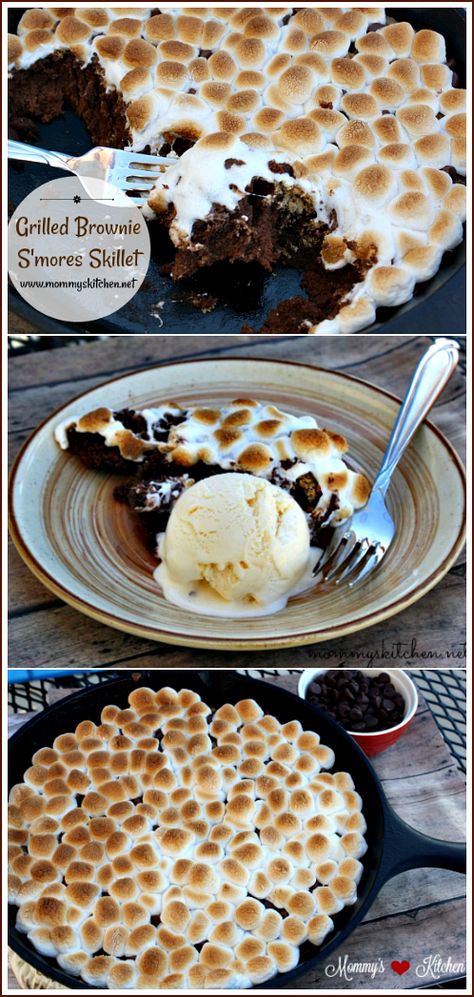 Mommy's Kitchen : Grilled Brownie S'mores Skillet (Dessert on the Grill) Treager Grill Dessert Recipes, Desert On The Grill, S’mores On The Grill, Flat Top Grill Desserts, Smores Dessert Grill, Grilled Desserts Easy, Baking On The Grill, Blackstone Dessert Ideas, Dessert On The Blackstone