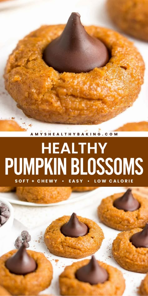 This Thanksgiving dessert idea of spiced pumpkin cookies is irresistible! Not only are these Healthy Pumpkin Blossoms deliciously chewy, but they also have a dark chocolate kiss in the center. This easy fall baking recipe is also clean-eating with a gluten-free option! Healthy Pumpkin Dessert Clean Eating, Thanksgiving Dessert Ideas Gluten Free, 4 Ingredient Pumpkin Cookies, Coconut Flour Pumpkin Cookies, Easy Pumpkin Desserts Healthy, Pumpkin Apple Cookies, Thanksgiving Healthy Desserts, Healthy Pumpkin Recipes Desserts, Easy Healthy Pumpkin Dessert