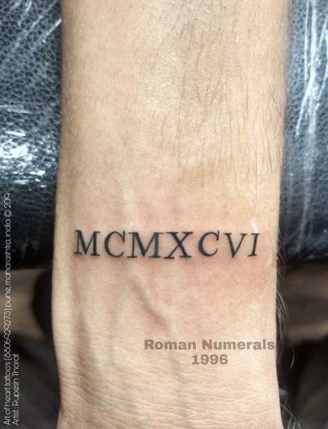 1996 / MCMXCVI | Roman Numeral tattoo design / wrist...by: Rupesh Thorat 1996 Roman Numerals Tattoo, 1996 Tattoo Design, 1996 Tattoo Ideas, Serious Tattoos, 1996 Tattoo, Roman Numerals Tattoo, African Sleeve Tattoo, Numerals Tattoo, Rat Tattoo