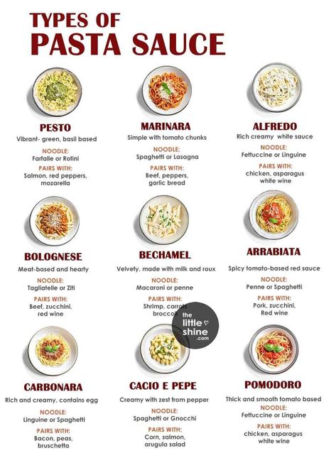 Different Types Of Pasta Dishes, Type Of Pasta Sauce, Types Of Pasta Dishes, Homemade Sauce For Pasta, Types Of Pasta Sauce, Different Pastas, Receta Pasta, Culinary Basics, Pasta Menu